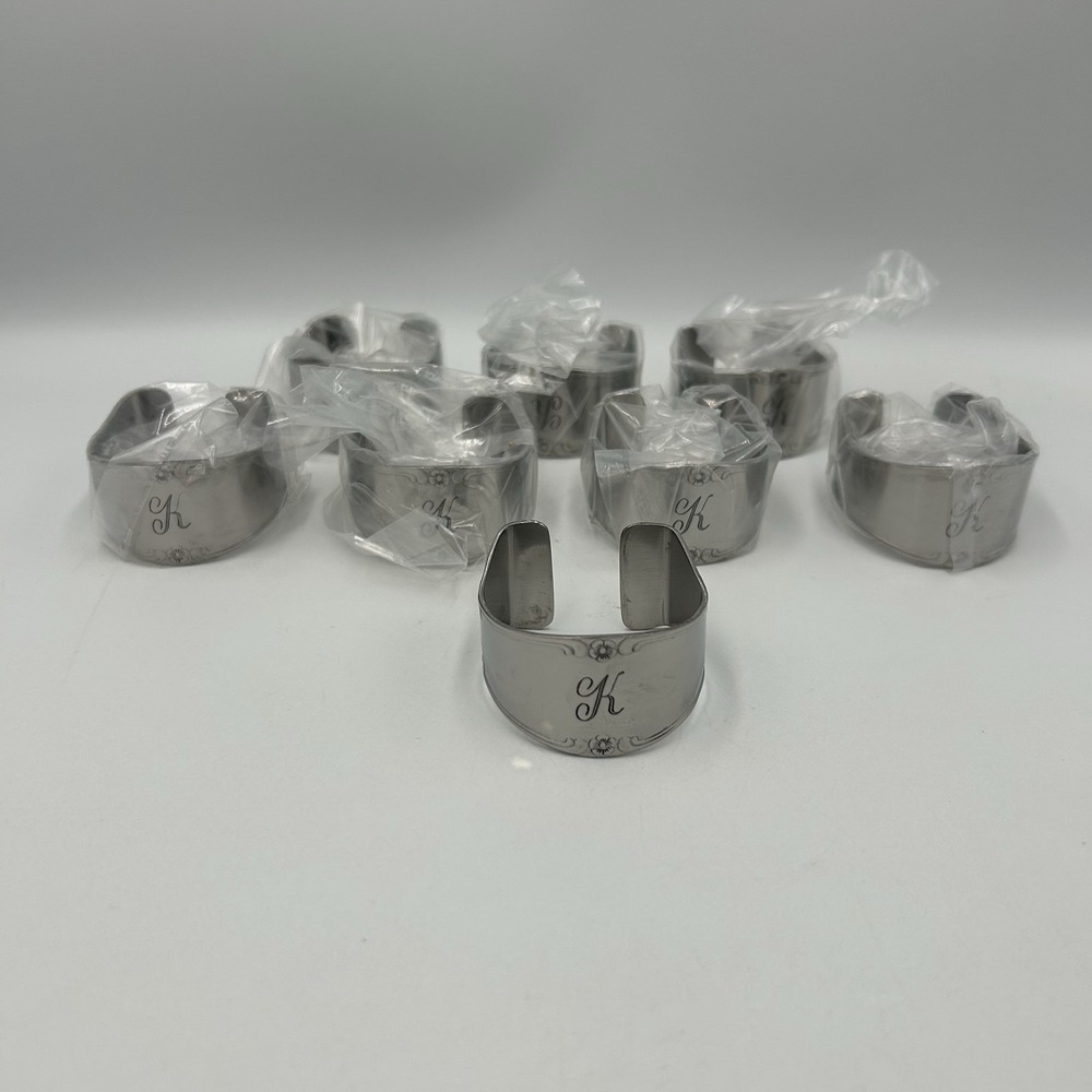 Custom Craft Stainless Napkin Ring Holders Monogram K Set of 8 Silver T-140